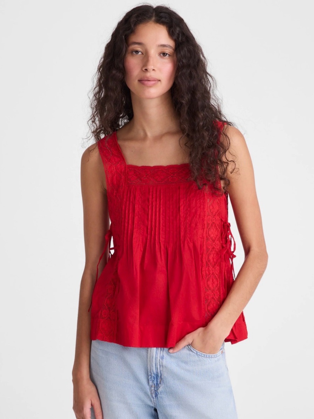 Madewell The Sophie Top Small Red Lace Pleated Tie Back NWT $88